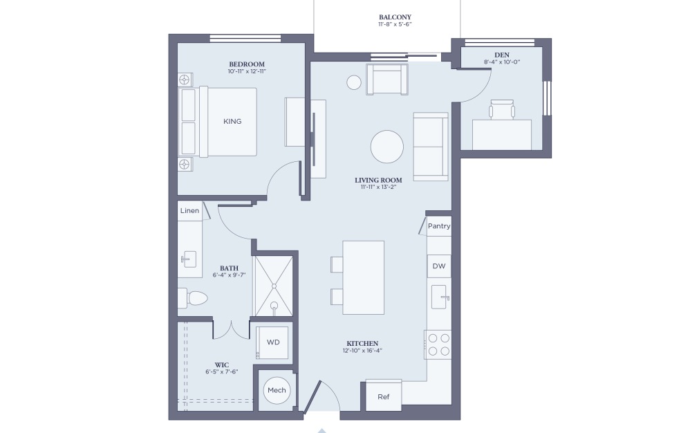 A1D - 1 bedroom floor plan layout with 1 bathroom and 810 - 829 square feet (2D)