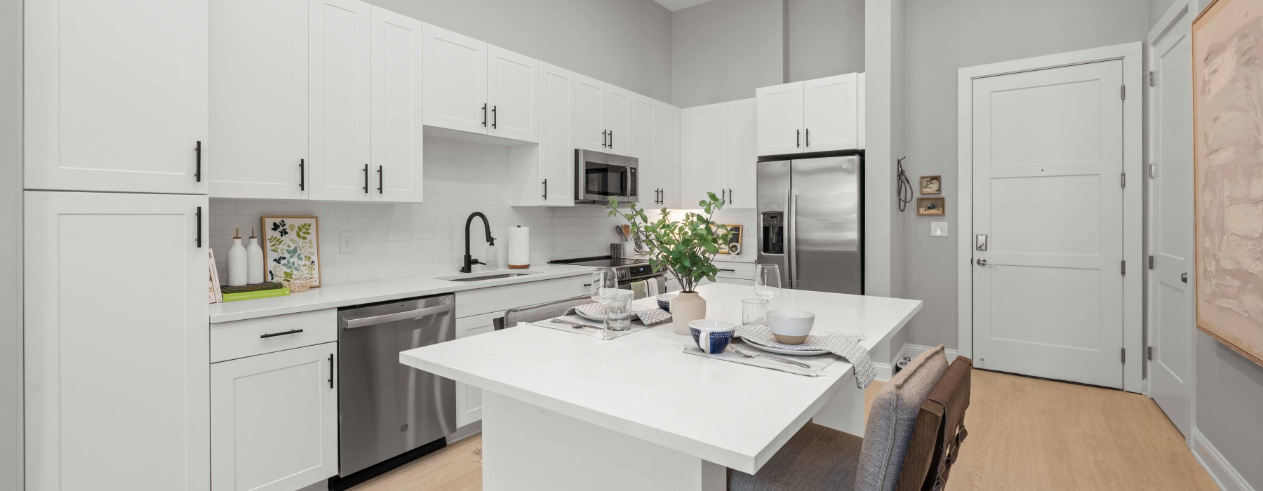kitchen island and white cabinets