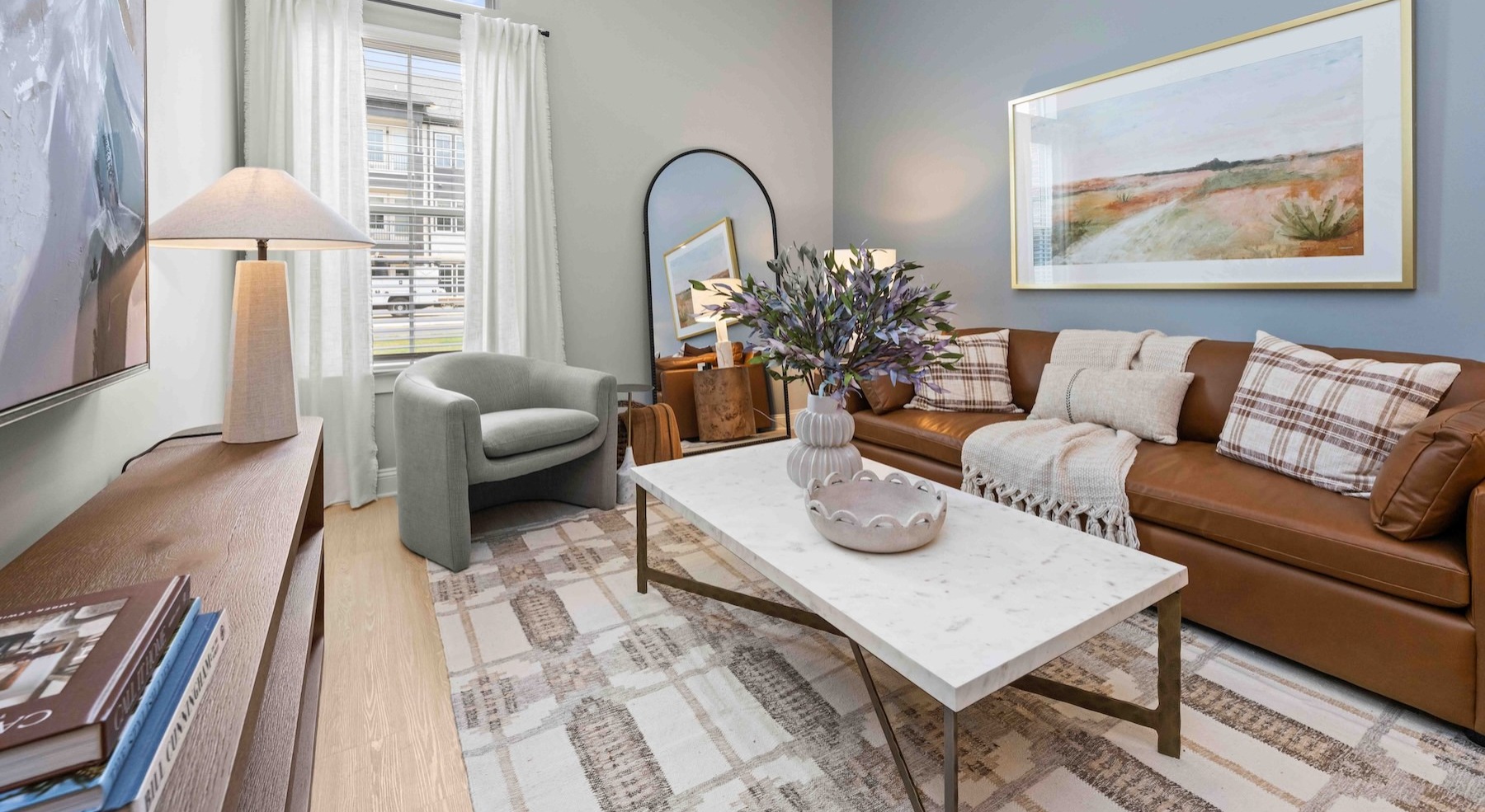 a living room with a couch and a coffee table